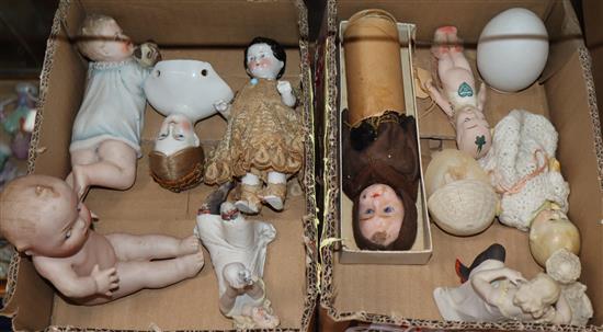 A collection of bisque piano babies, pin dollies etc